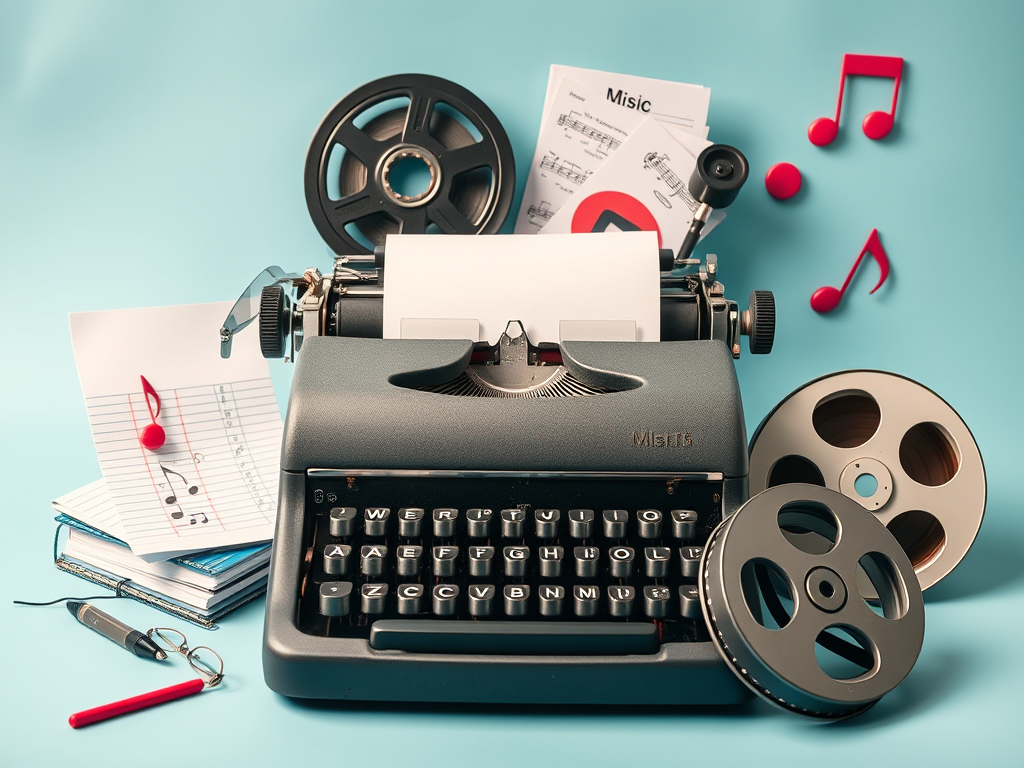 Typewriter, film rolls, book, and music notes.